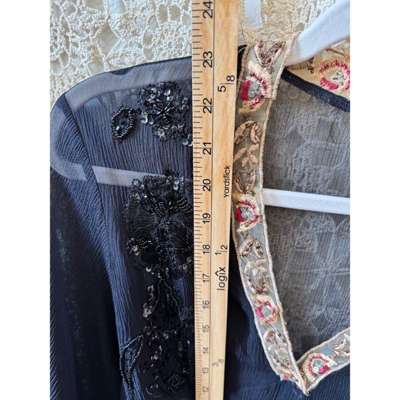 Vintage Whimsy Goth Sheer Beaded Sequin Blouse Black Embroidered V-Neck Top - Picture 7 of 9